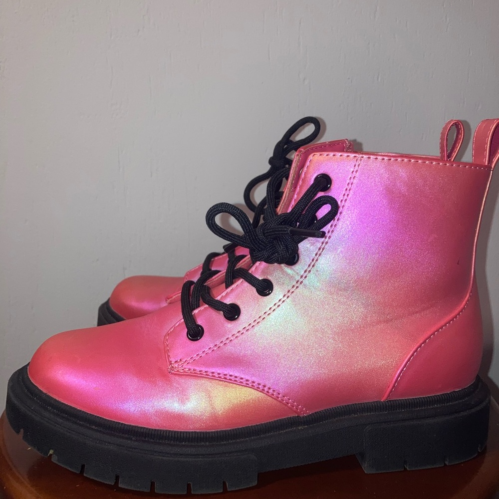 Iridescent Pink Combat Boots with Black Laces